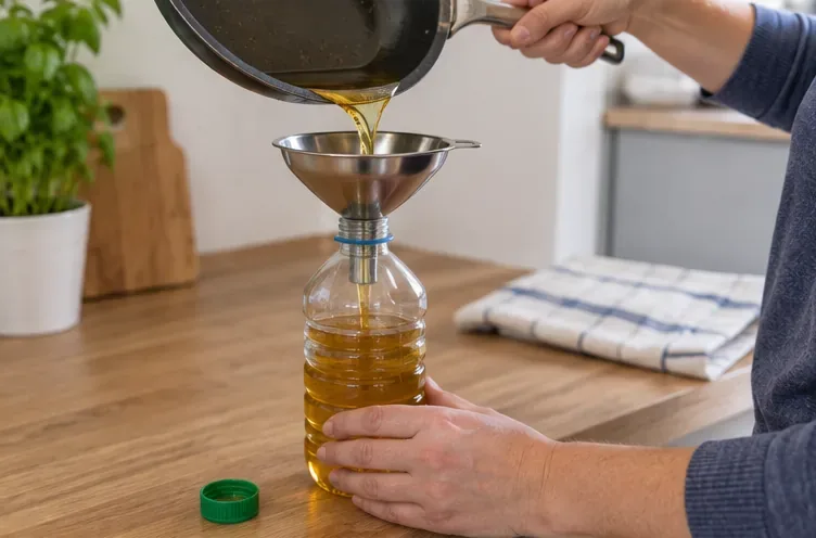 Huile de cuisson refroidie versée à l’aide d’un entonnoir dans une bouteille refermable
