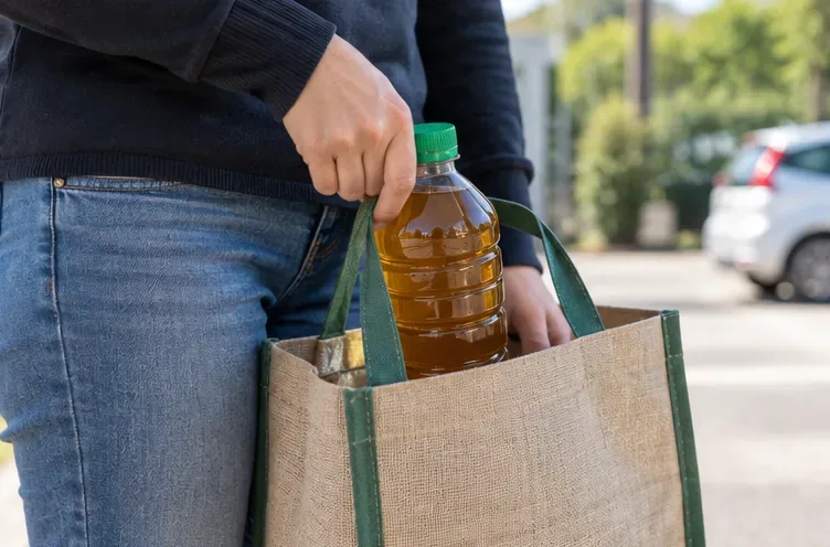 Bouteille fermée contenant de l’huile de cuisson usagée transportée debout dans un sac réutilisable