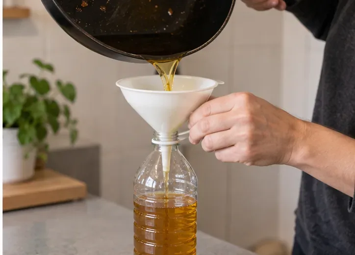 Huile de cuisson refroidie versée avec un entonnoir dans une bouteille refermable
