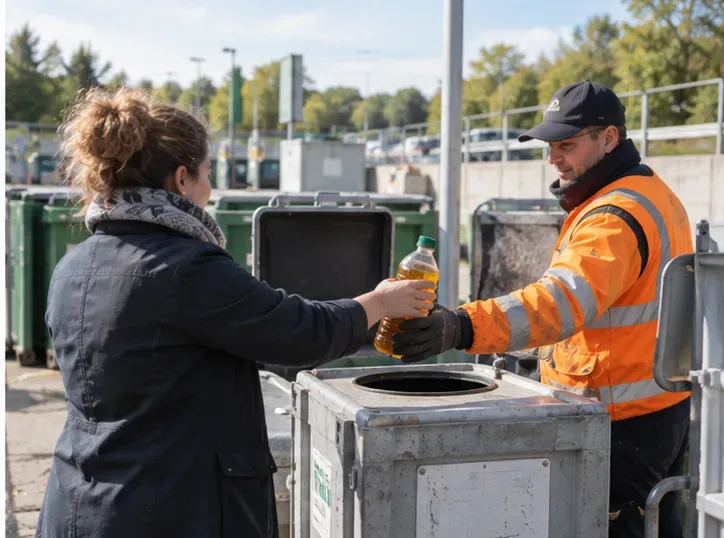 Usager remettant une bouteille d’huile de cuisson usagée à un agent sur un site de collecte