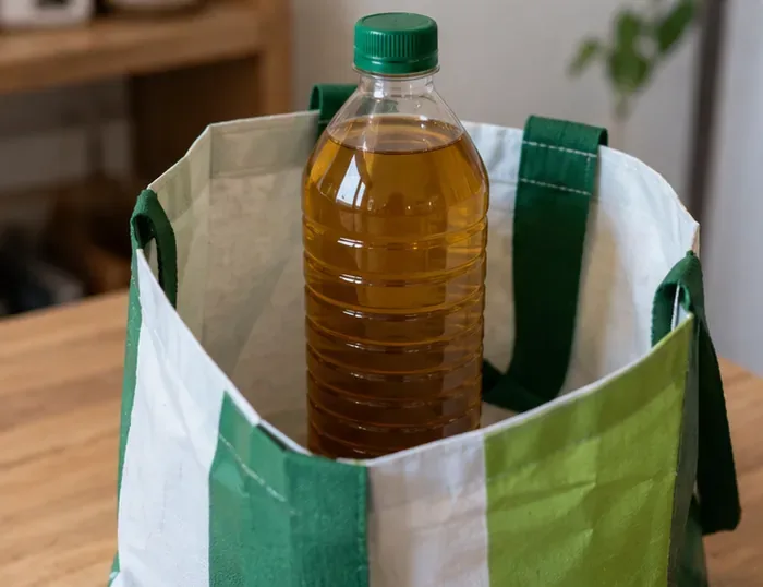 Bouteille fermée contenant de l’huile de cuisson usagée placée verticalement dans un sac de transport