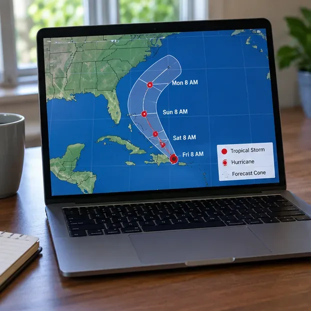 A laptop on a table displaying a hurricane track map with a forecast cone over the western Atlantic.