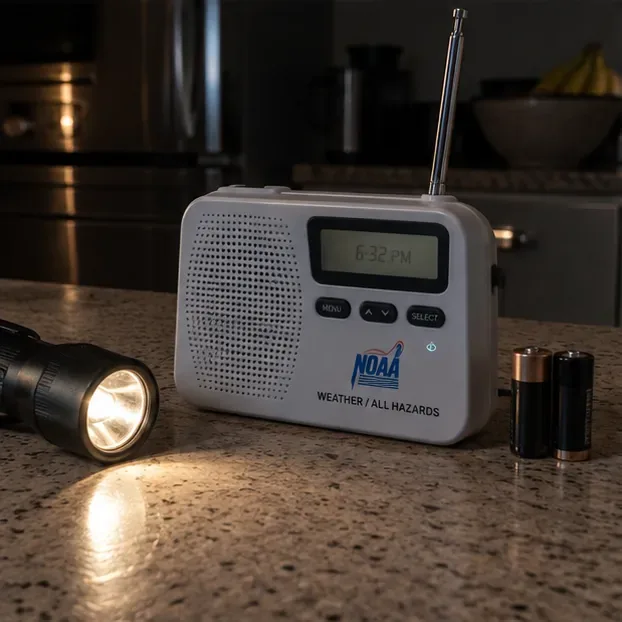 A NOAA Weather Radio on a kitchen counter beside a flashlight and spare batteries.