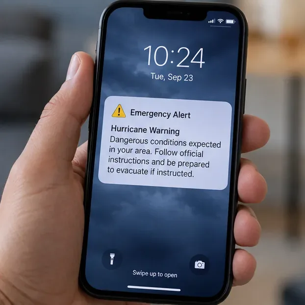 A hand holding a smartphone that displays an emergency hurricane warning on the lock screen.