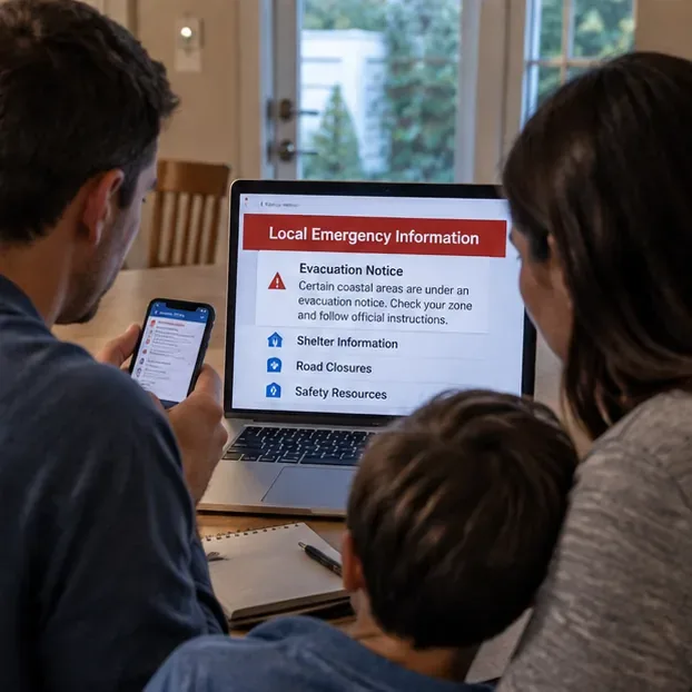 A family looking at evacuation, shelter, road closure, and safety information on a laptop while also checking a smartphone.