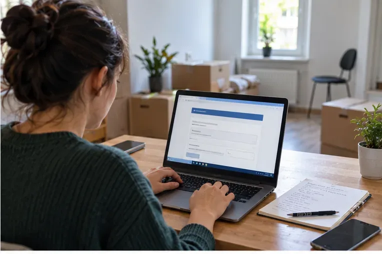Een huurder gebruikt een laptop in een woning met verhuisdozen om een wijziging voor huurtoeslag door te geven