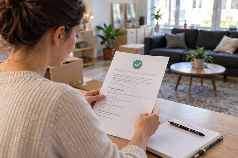 Een huurder bekijkt na de verhuizing een document met een bevestiging en controleert de gegevens aan tafel