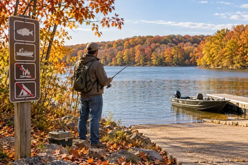 An angler fishing from an autumn lakeshore beside a boat ramp, tackle box and posted access rules