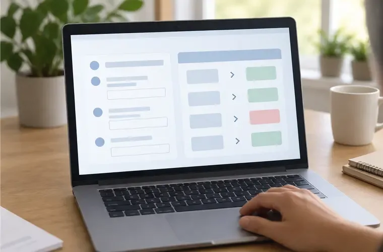 Laptop exibe uma interface fiscal neutra com linhas de conferência e blocos de comparação sem dados pessoais
