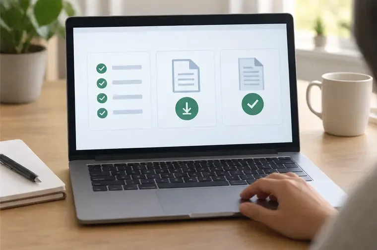 Laptop exibe uma revisão final neutra com marcas de conferência, documento e símbolo de confirmação