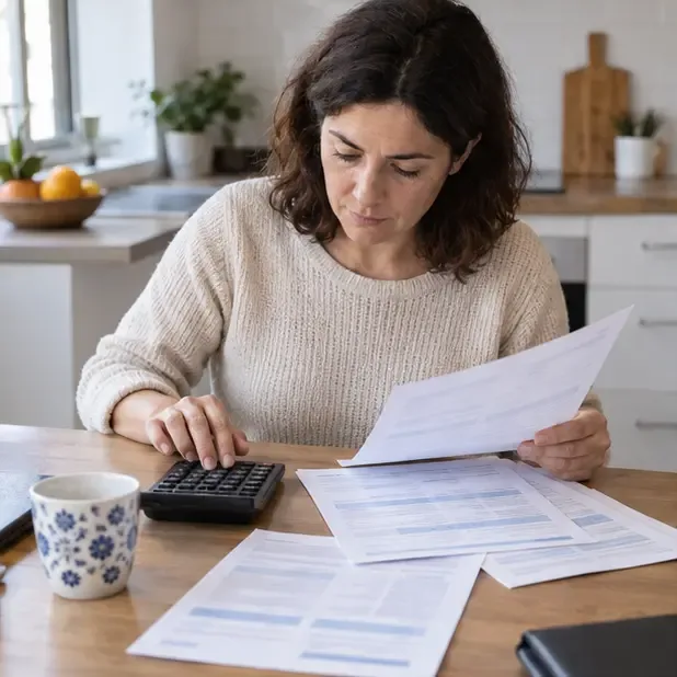 Persona revisando nóminas, extractos y una calculadora para identificar un cambio de ingresos del hogar