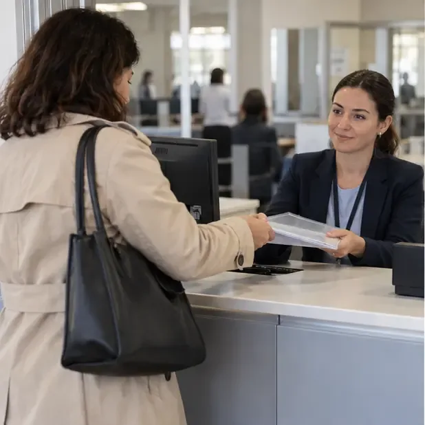 Persona entregando una carpeta de documentos a una empleada en un mostrador de atención pública