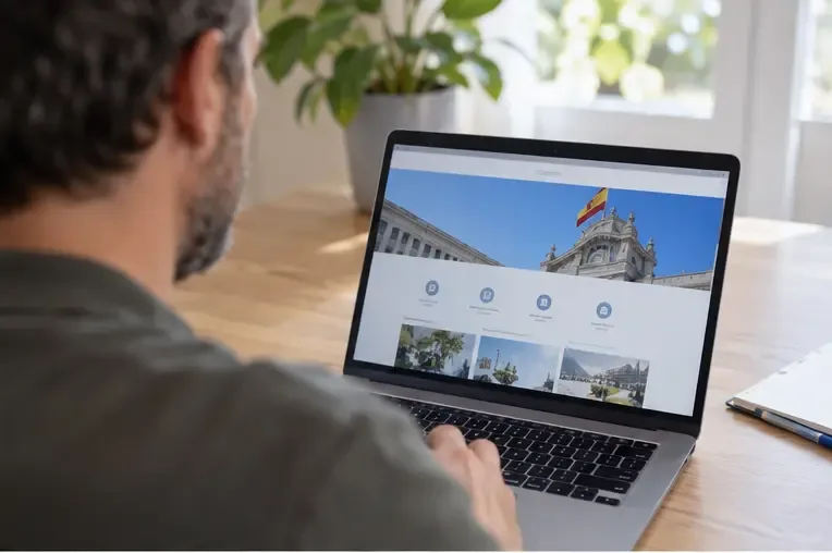 Un hombre consulta en un ordenador portátil una página web pública de servicios en España