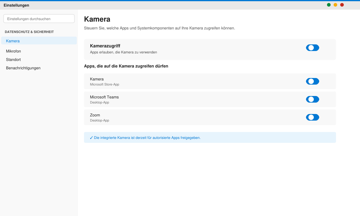Datenschutz-Einstellungen mit aktiviertem Kamera-Schalter unter Windows 11