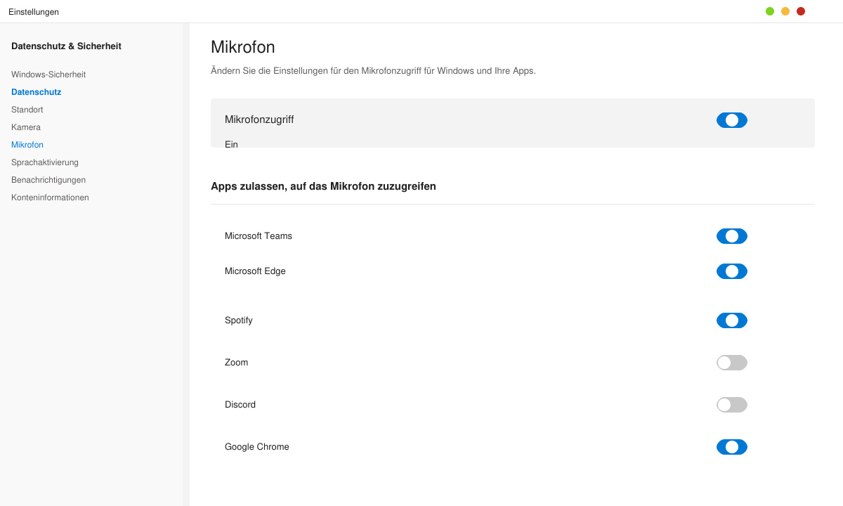 Datenschutz-Menü in Windows 11 mit Mikrofonschalter