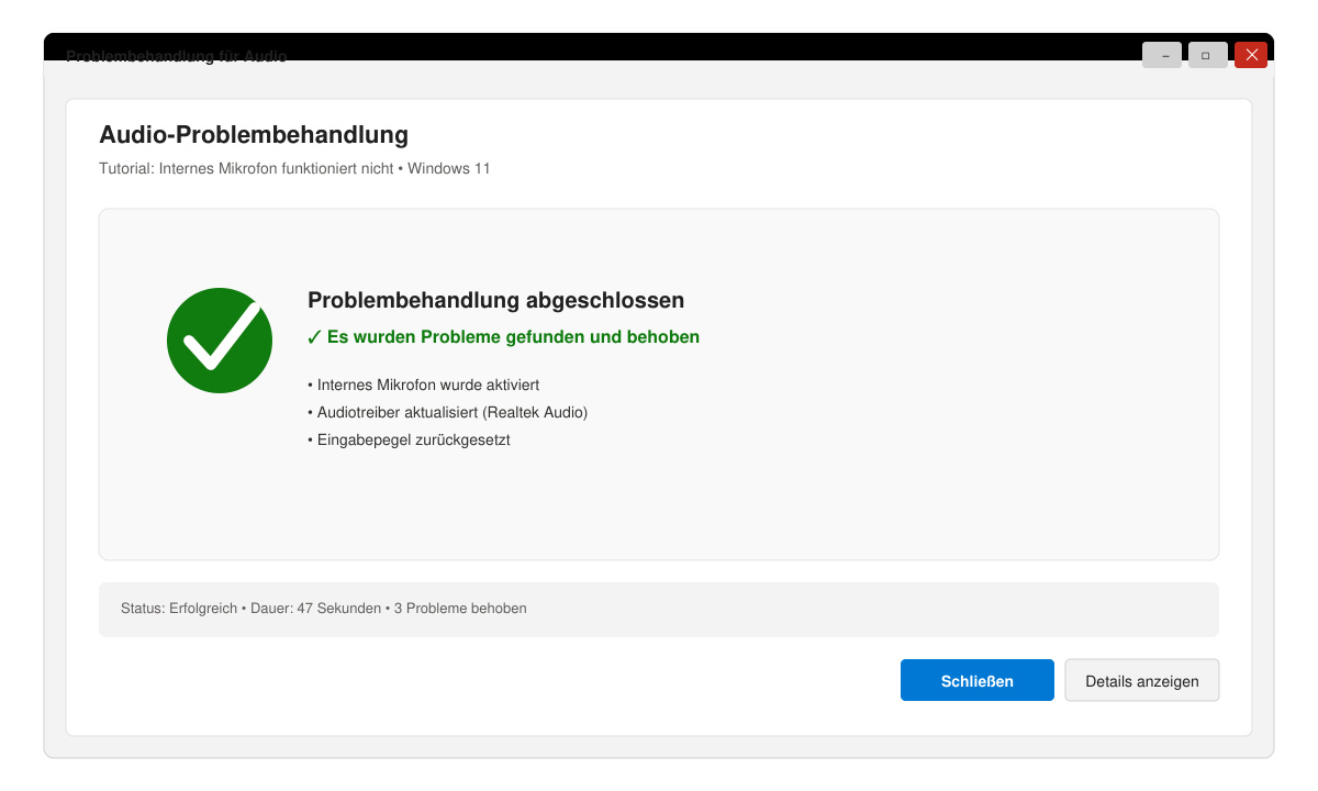 Windows 11 Problembehandlung für Audio mit Ergebnisbildschirm