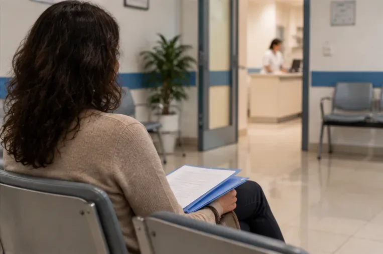 Donna seduta nella sala d'attesa di una struttura sanitaria con una cartellina di documenti sulle ginocchia