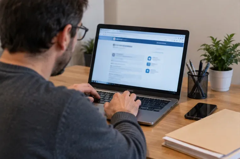 Persona al computer portatile mentre utilizza un servizio online con una cartella di documenti accanto alla tastiera