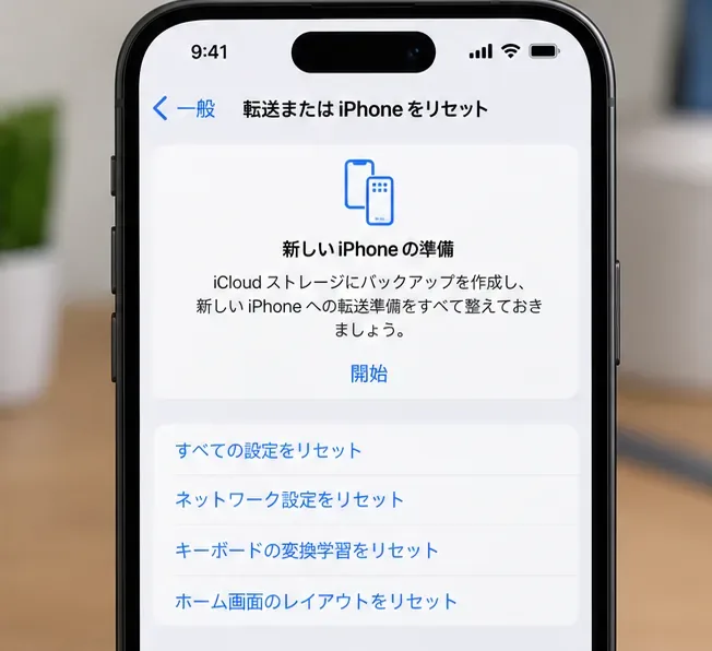 iPhoneの「転送またはiPhoneをリセット」画面で各種リセット項目を確認しているイメージ