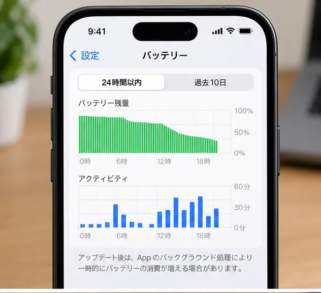 iPhoneのバッテリー設定で残量グラフとアクティビティを確認しているイメージ