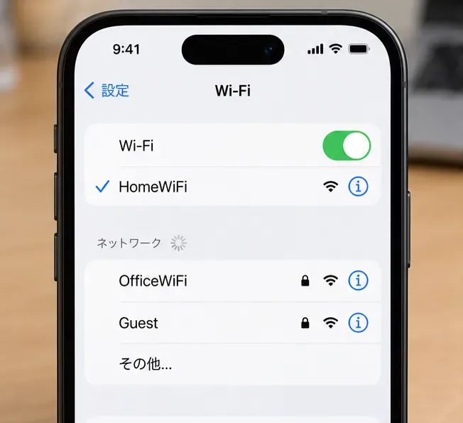 iPhoneのWi-Fi設定画面で接続中のネットワークと利用可能なネットワークを確認しているイメージ