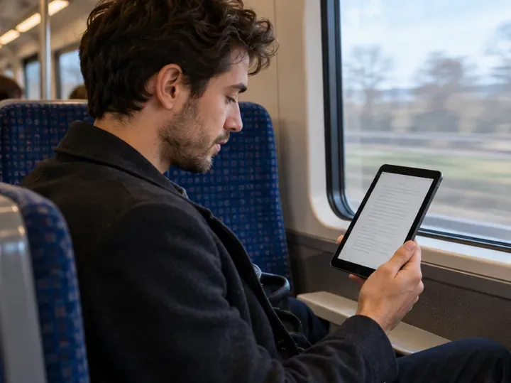 電車の座席で小型タブレットを片手に持ち、画面を読んでいる人