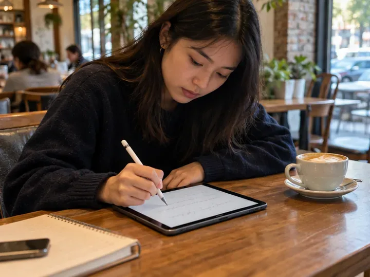 カフェのテーブルで小型タブレットにスタイラスペンを使ってメモを書く人
