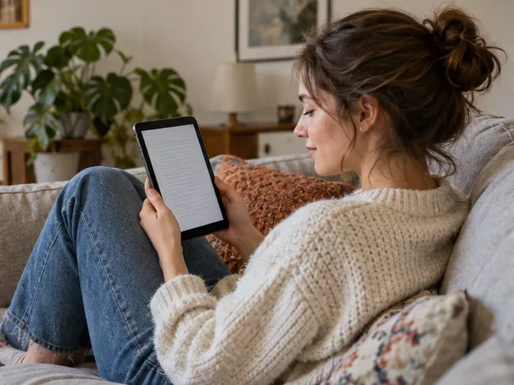 ソファでくつろぎながら小型タブレットを両手で持って読書する人