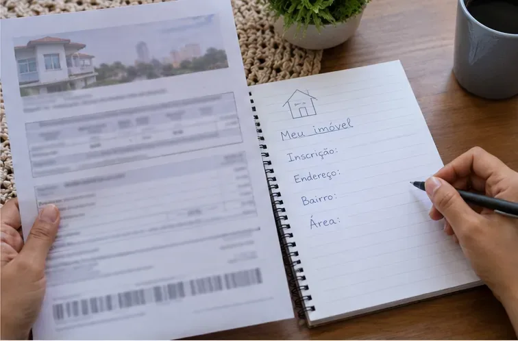 Mãos conferem um documento de imóvel e anotam o número de inscrição imobiliária em um caderno
