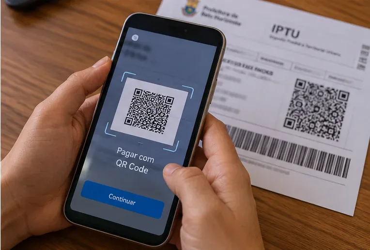 Pessoa usando um celular para escanear o QR Code de uma guia de IPTU antes de concluir o pagamento