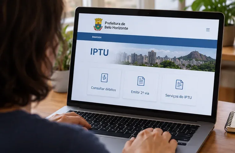 Pessoa usando um notebook para acessar serviços de IPTU de Belo Horizonte, com opções de consulta de débitos e emissão de guia visíveis na tela