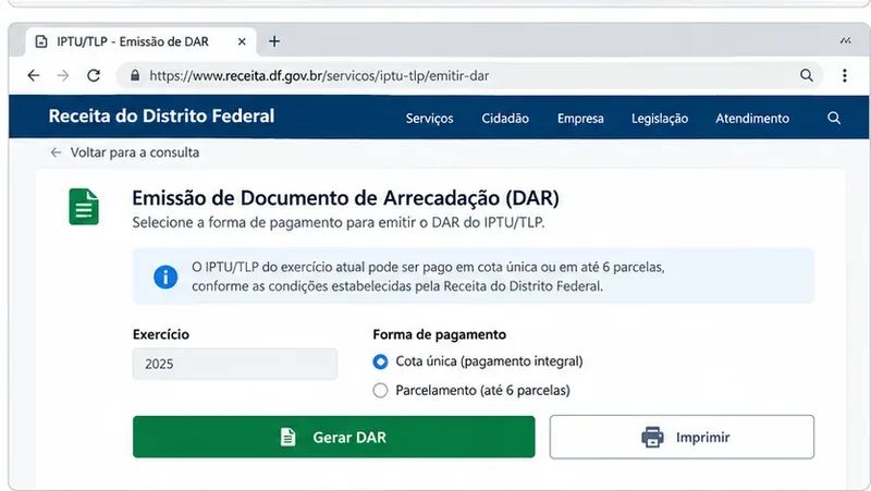 Tela ilustrativa de emissão de Documento de Arrecadação DAR para IPTU/TLP com opções de pagamento