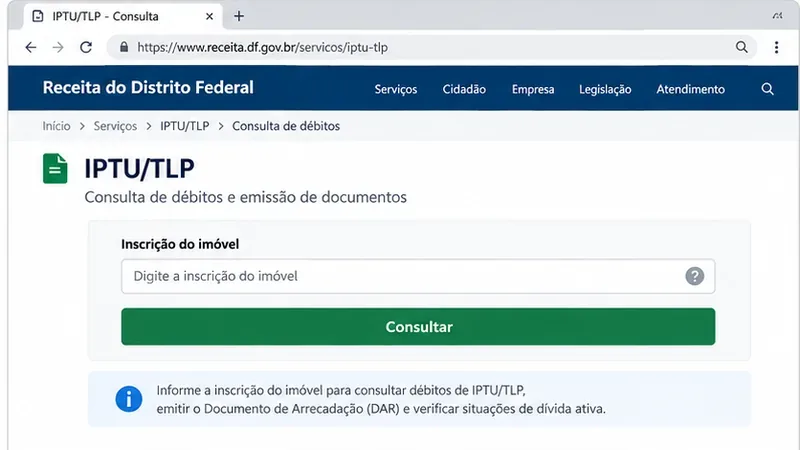 Tela ilustrativa de consulta de IPTU/TLP com campo para digitar a inscrição do imóvel e botão Consultar