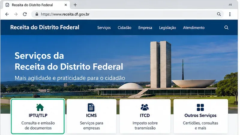 Tela ilustrativa de um portal de serviços da Receita do Distrito Federal com a opção IPTU/TLP em destaque
