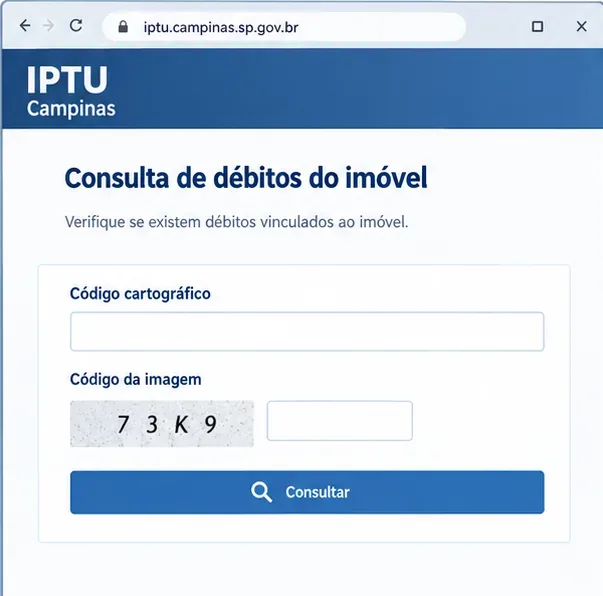 Tela ilustrativa da consulta de débitos do imóvel em Campinas com campos de código cartográfico e código da imagem