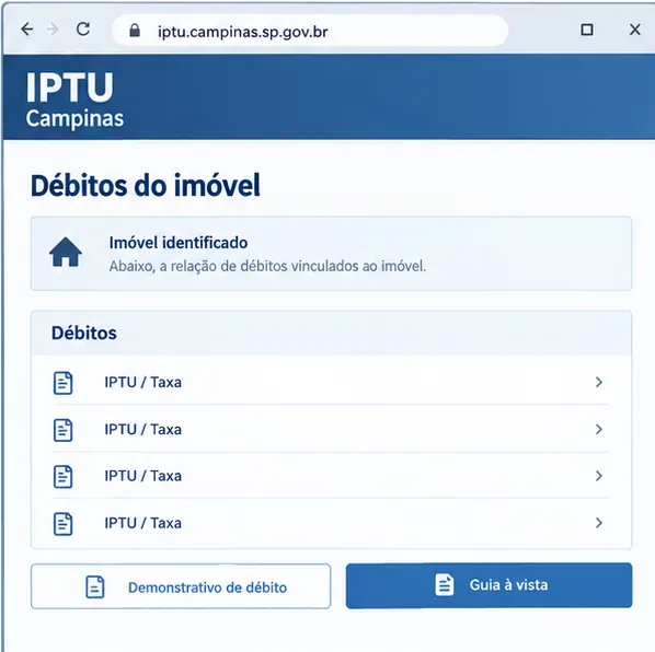 Tela ilustrativa de débitos de IPTU e Taxa de um imóvel em Campinas com opções de demonstrativo de débito e guia à vista