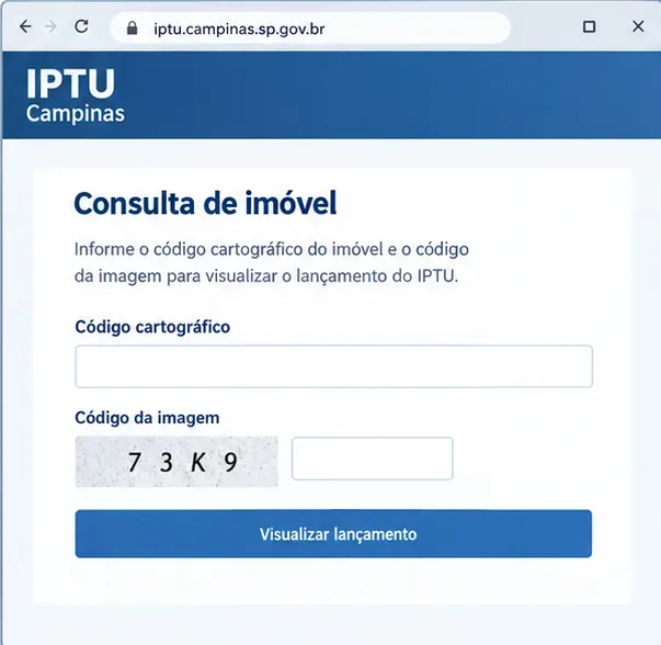 Tela ilustrativa do portal do IPTU de Campinas com campo para código cartográfico, código da imagem e botão para visualizar o lançamento