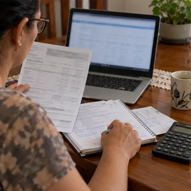 Pessoa compara papéis de tributos municipais com uma página desfocada no notebook.