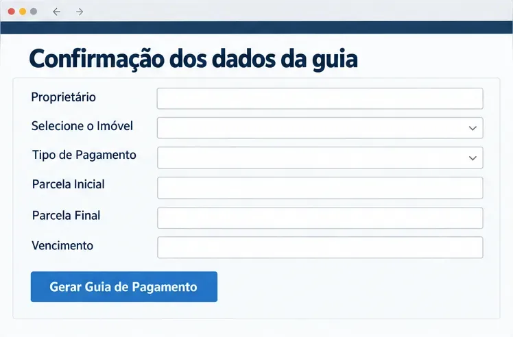 Tela de conferência da guia com campos de proprietário, imóvel, tipo de pagamento, parcelas e vencimento