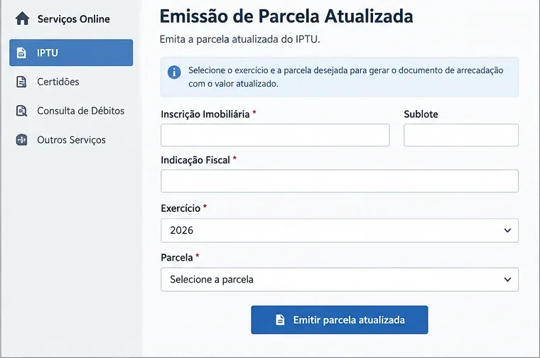 Representação visual de uma tela de emissão de parcela atualizada do IPTU com seleção de exercício e parcela.