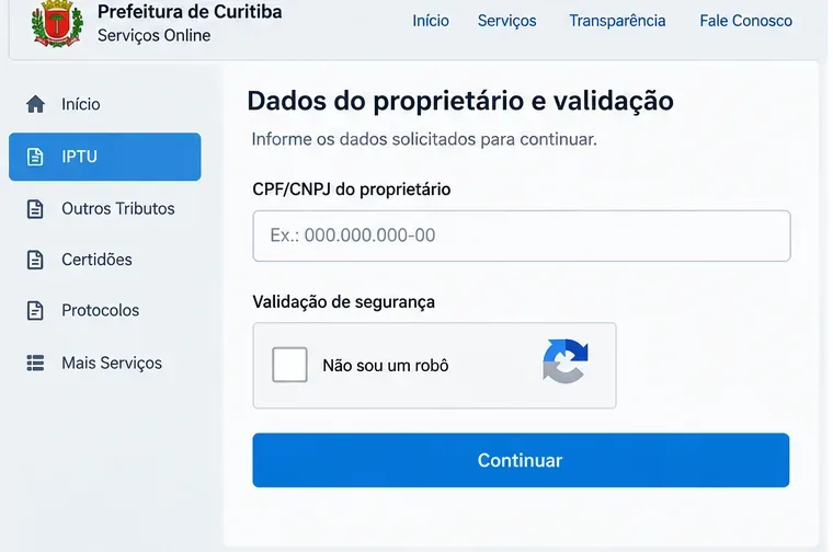 Representação visual de uma tela com campo para CPF ou CNPJ do proprietário, validação de segurança e botão para continuar.
