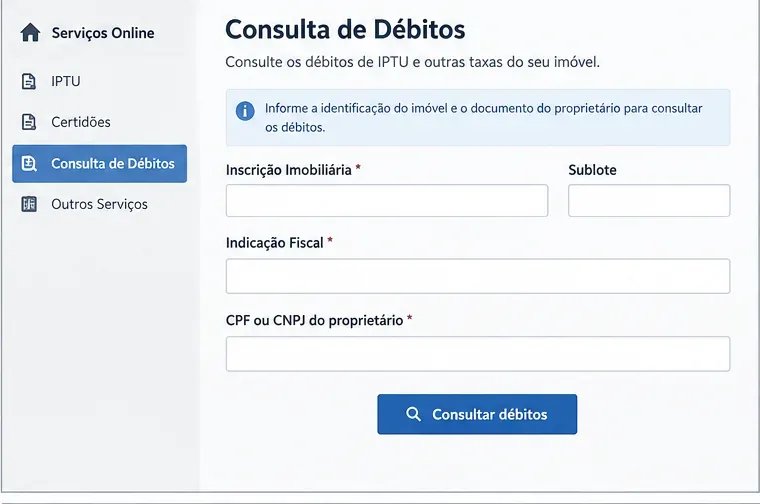 Representação visual da consulta de débitos do IPTU com campos para inscrição imobiliária, sublote, indicação fiscal e CPF ou CNPJ do proprietário.