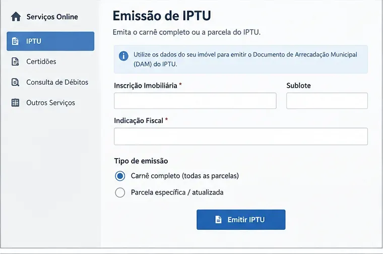 Representação visual de uma tela de emissão do IPTU com campos para inscrição imobiliária, sublote e indicação fiscal e opções de carnê completo ou parcela atualizada.