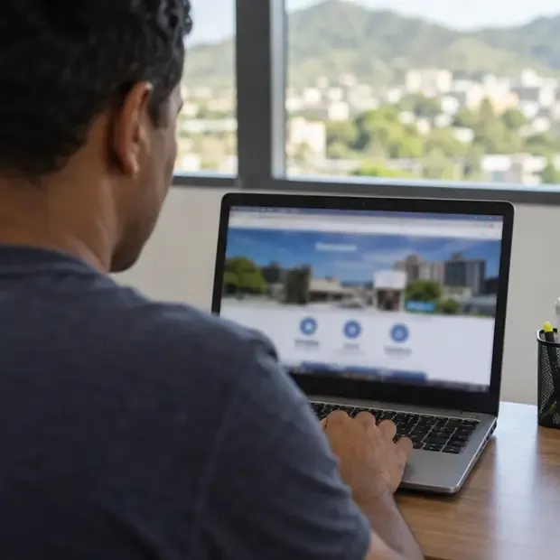 Morador usa um notebook para acessar um portal municipal de serviços tributários