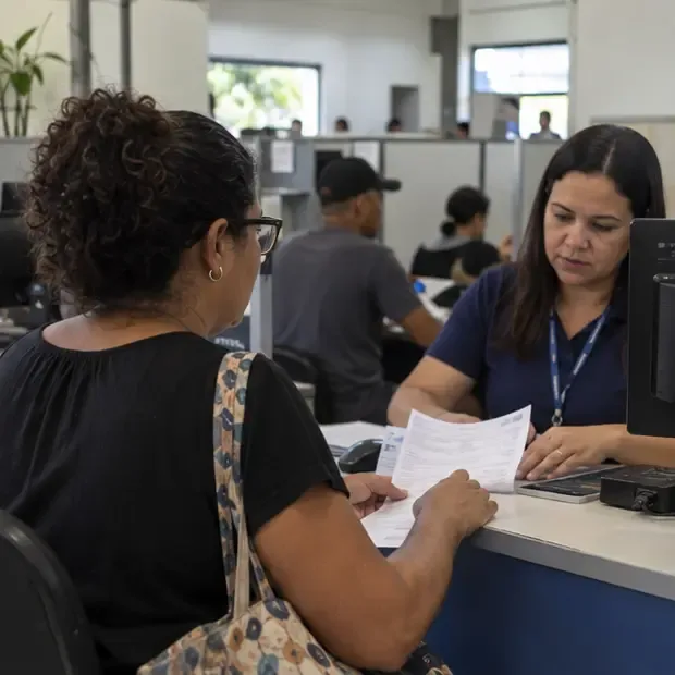 Contribuinte entrega documentos a uma atendente em um balcão de serviço público