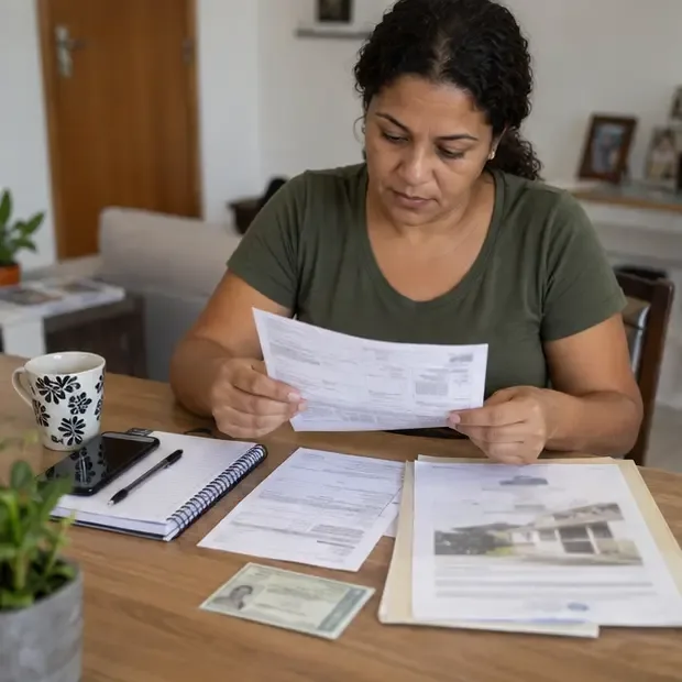 Moradora organiza carnê do IPTU, documentos do imóvel e documento de identificação sobre uma mesa