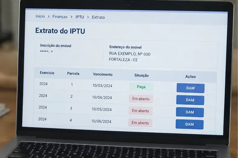 Tela ilustrativa de extrato do IPTU com colunas de exercício, parcela, vencimento, situação e emissão de DAM.