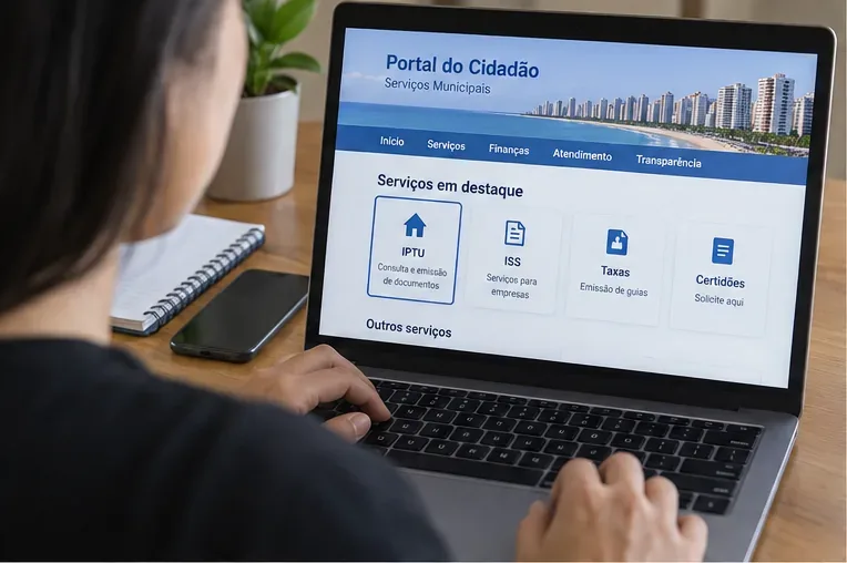 Pessoa diante de um notebook com uma página municipal de serviços e a opção IPTU em destaque.