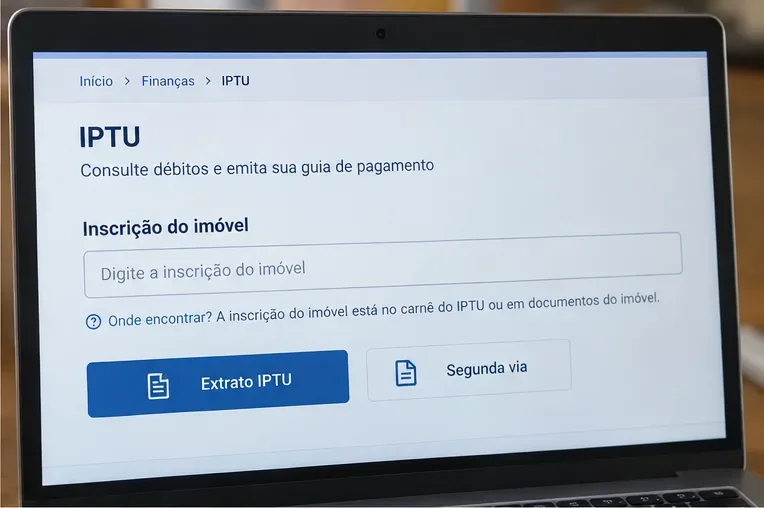 Tela ilustrativa de consulta de IPTU com campo para inscrição do imóvel e opções de extrato e segunda via.
