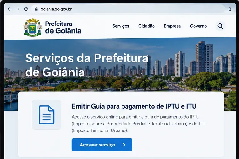 Tela ilustrativa do portal da Prefeitura de Goiânia com acesso ao serviço de emissão de guia de IPTU e ITU